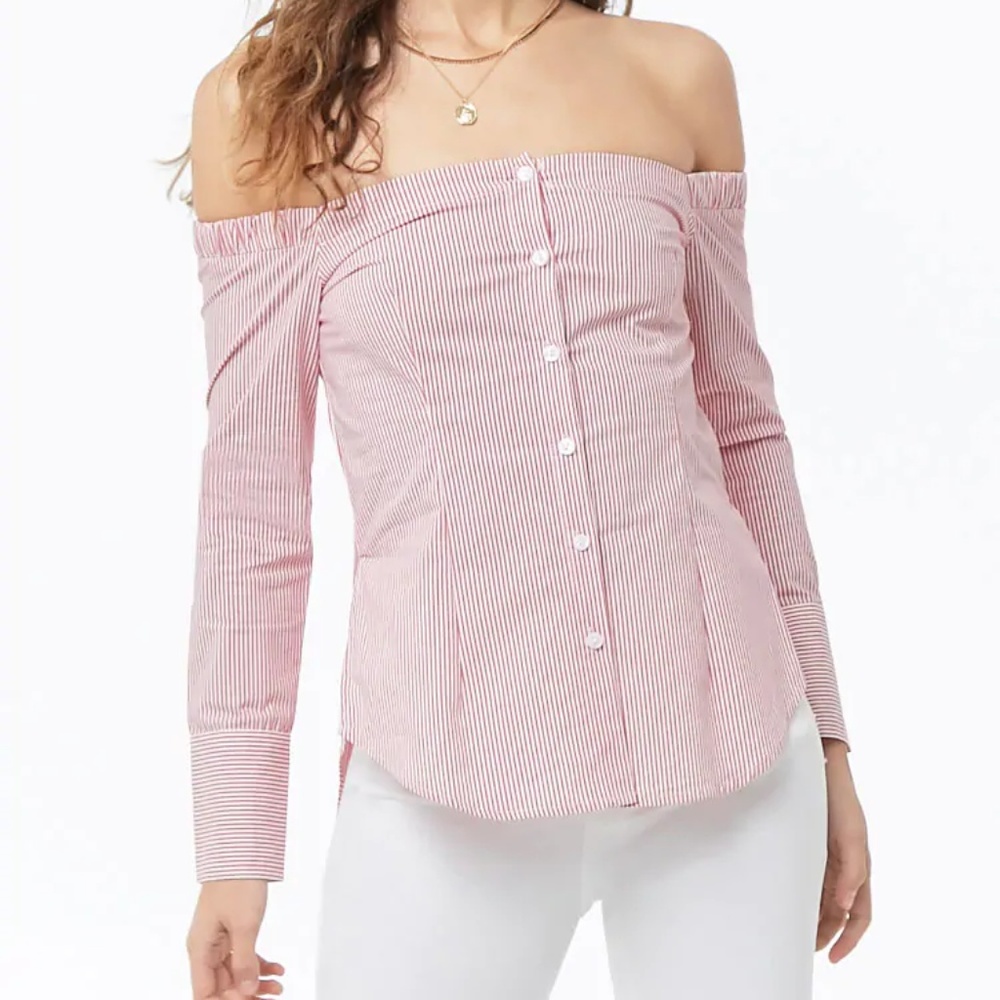 Pinstriped Off-the-Shoulder Shirt Large New.
